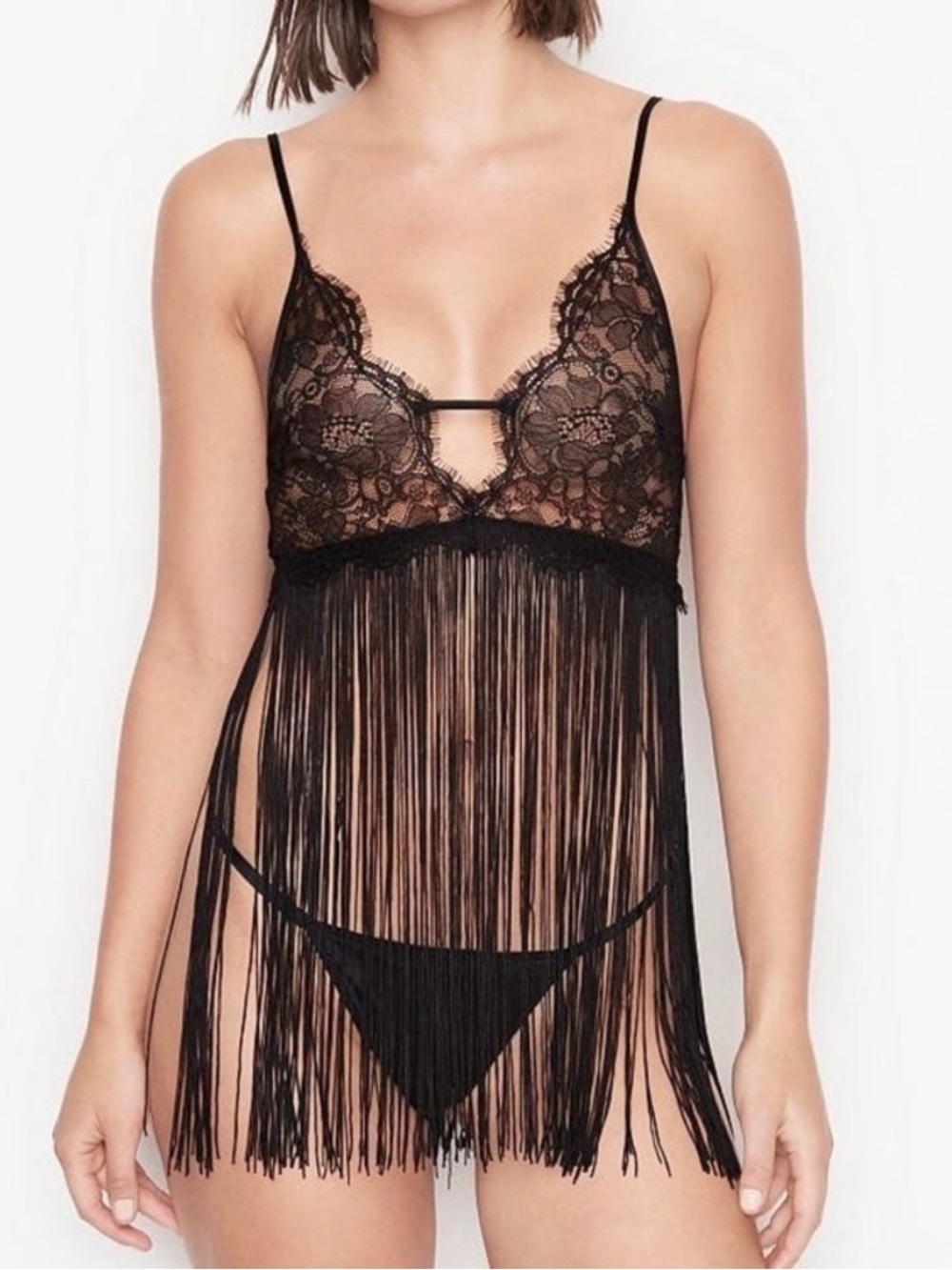Lace & Fringe Slip Victoria Secret medium NWT black - Picture 1 of 5
